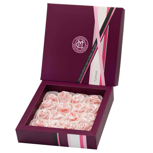 Rose Turkish Delight Lokum, Hand Crafted Shaped Flower, Dessert Gourmet Gift Box Box, 16 Pieces, 300g, Chateau de Mediterranean Rose Turkish Delight Lokum, Hand Crafted Shaped Flower, Dessert Gourmet Gift Box Box, 16 Pieces, 300g, Chateau de Mediterranean