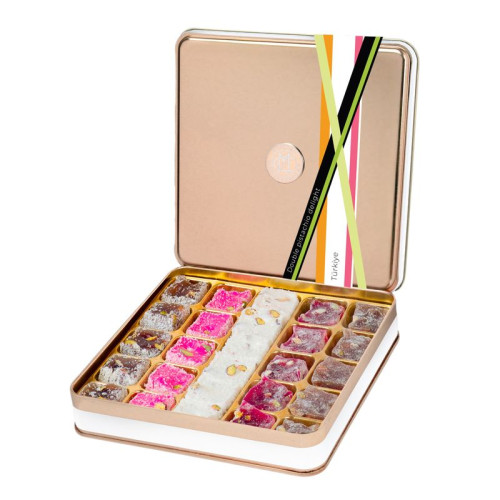 Double Roasted Pistachio Turkish Delight, Luxurious Selection of Strawberry, Pomegranate, Coconut and Pasha, 26 Pieces, 500g, 18oz, Tin Metal Gift Box
